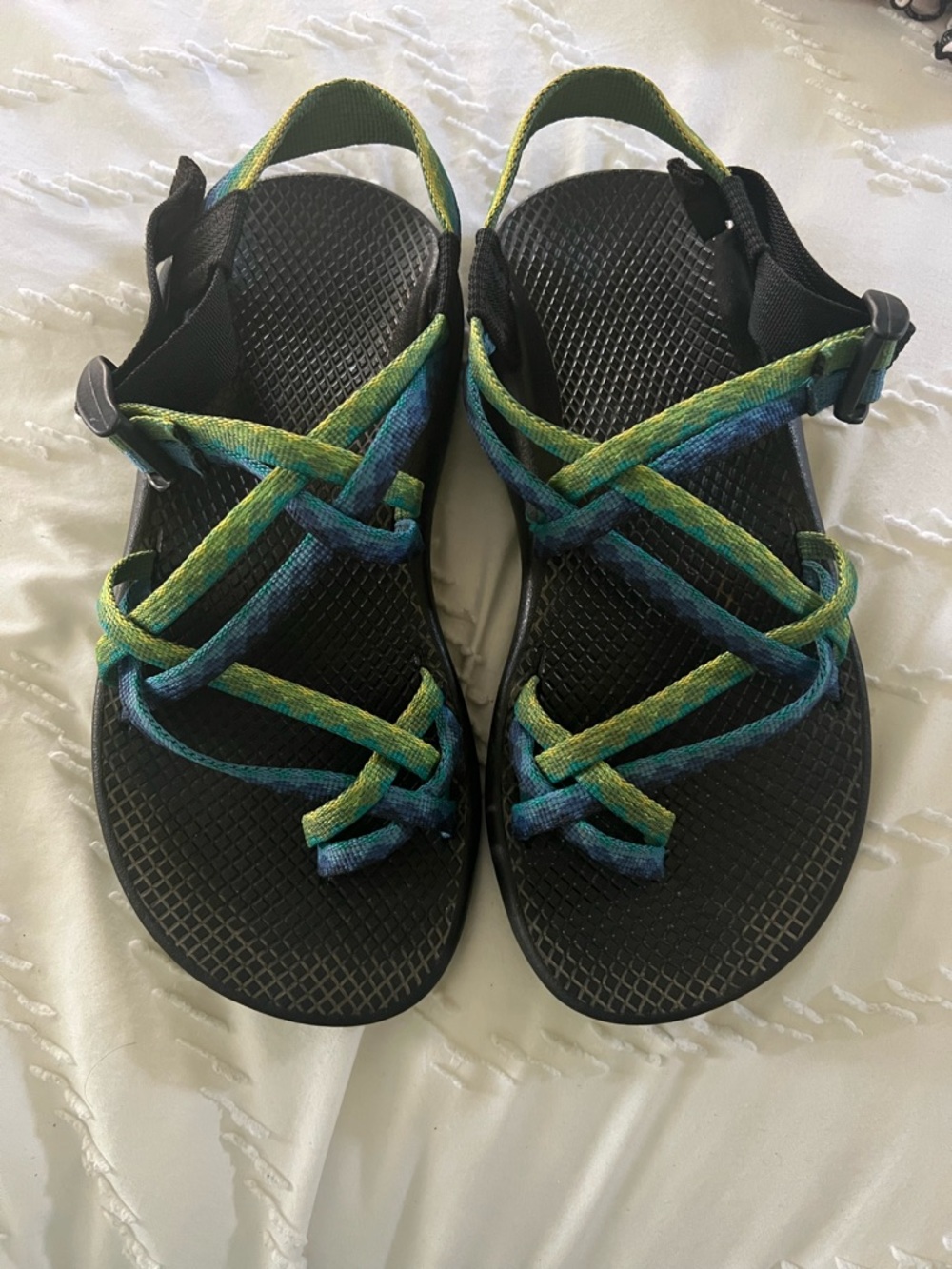 Chaco Women's Wedge Sandals in Black with Blue-Green Straps